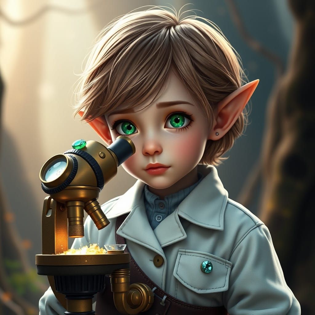Whimsical Elf Girl Scientist Examines Mystical World Through...