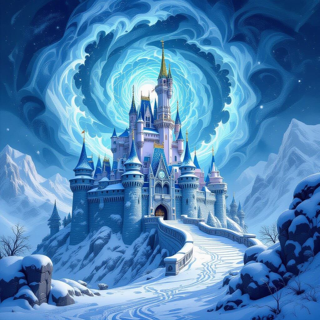 Majestic Castle Ruins in Fractal Snowstorm