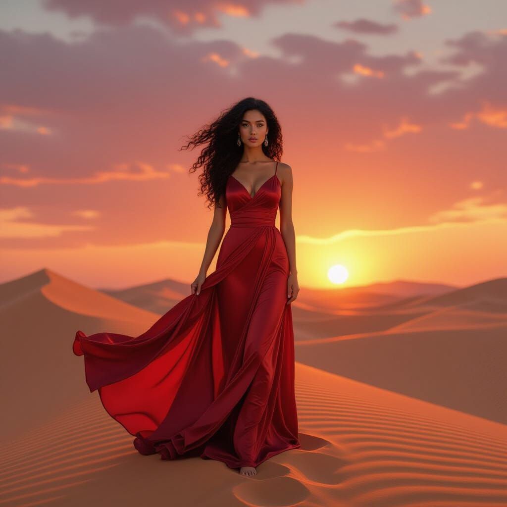 Woman in Crimson Gown on Dune at Sunset