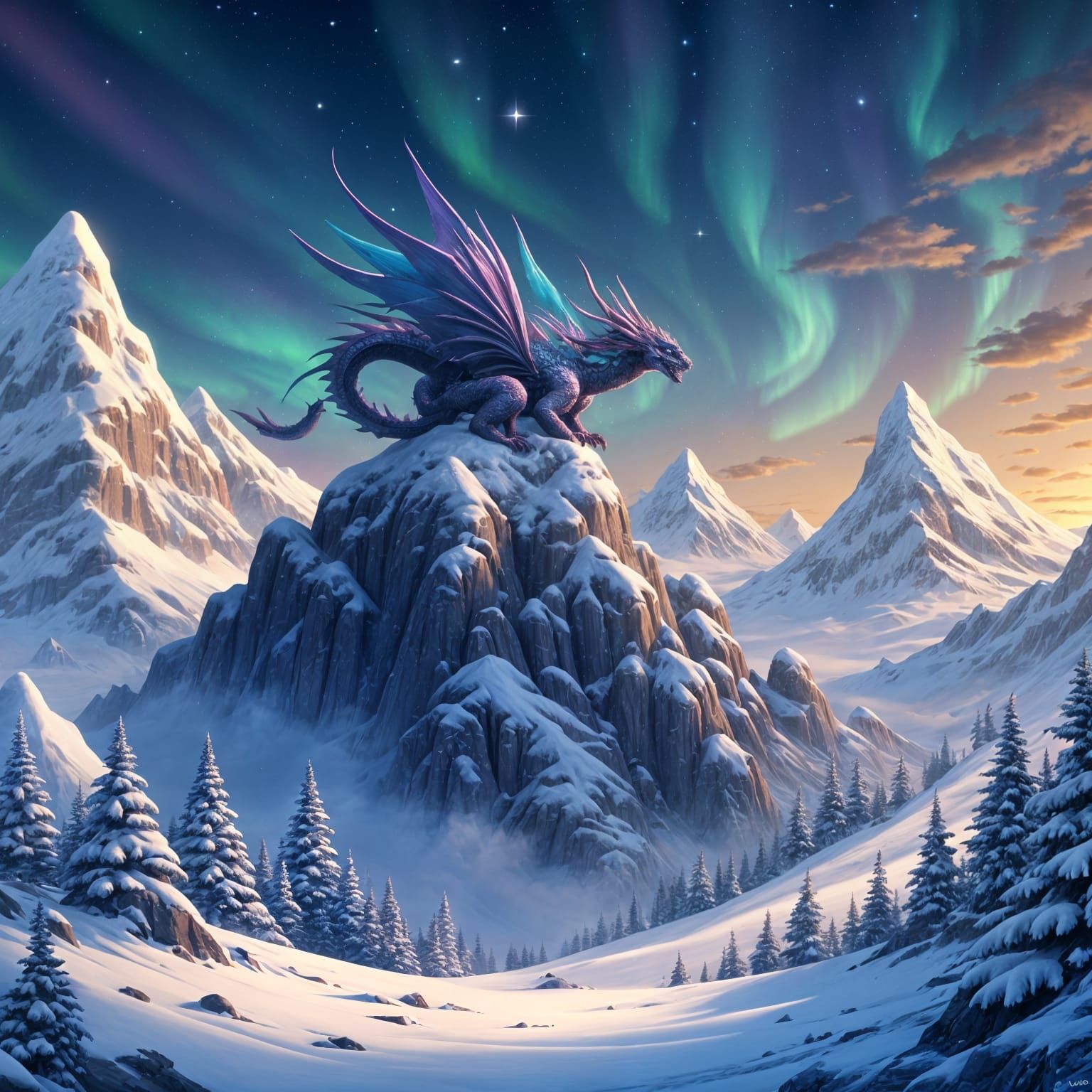 Majestic Dragon Under Aurora Borealis in Snowy Mountains