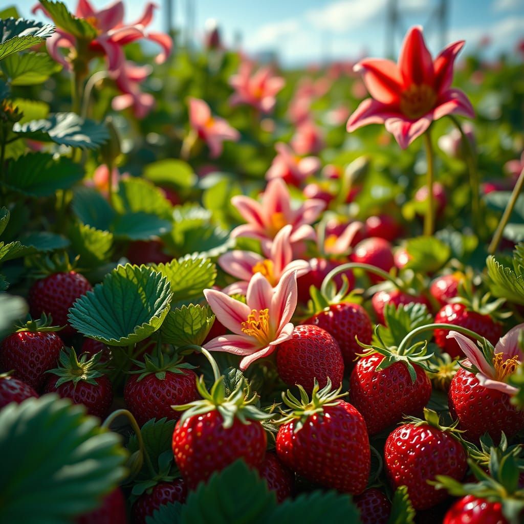 Hyperrealistic Strawberry Field with Lilies in Concept Art S...