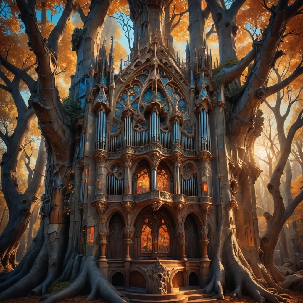Gaudi-Inspired Pipe Organ in Mystical Forest