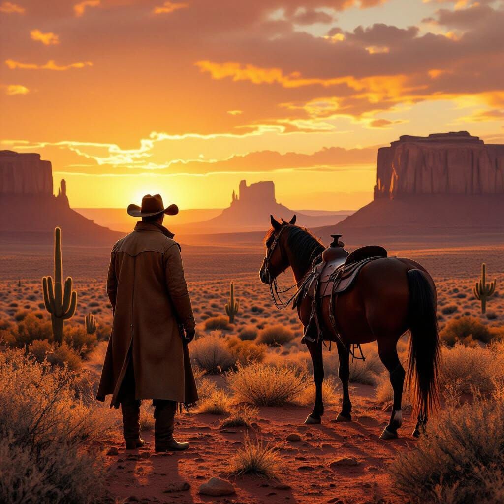 Cowboy Sunset: Cinematic Desert Scene in Sci-Fi Style