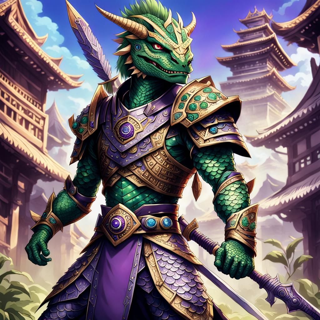 Lizardfolk Warrior in Anime Style with Aztec Armor