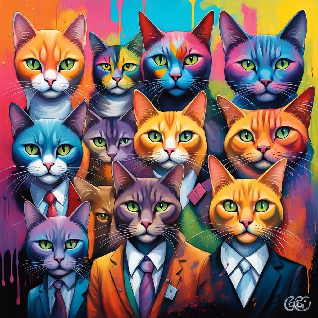 Grand Cat Council Meeting in Graffiti Art Style