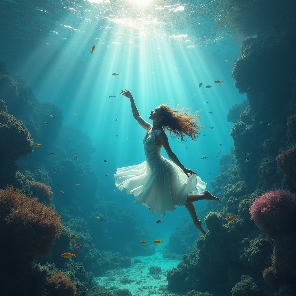 Underwater Portrait of Serene Figure with Marine Life