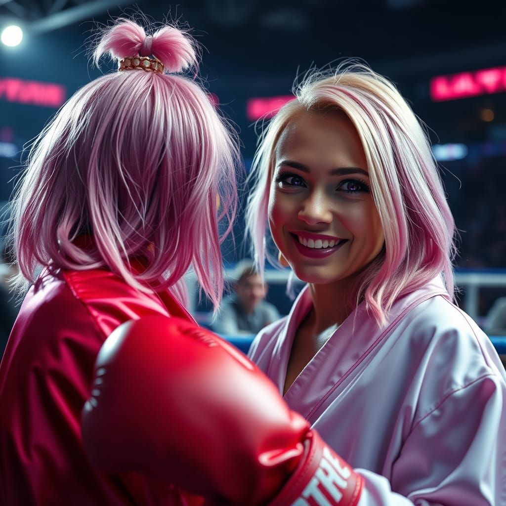 Cute Female Boxer Smiles with Adoring Fan in Vivid Colors