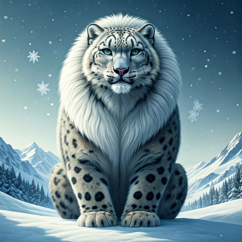 Fantasy snow leopard with a mane in snowy mountain scene.