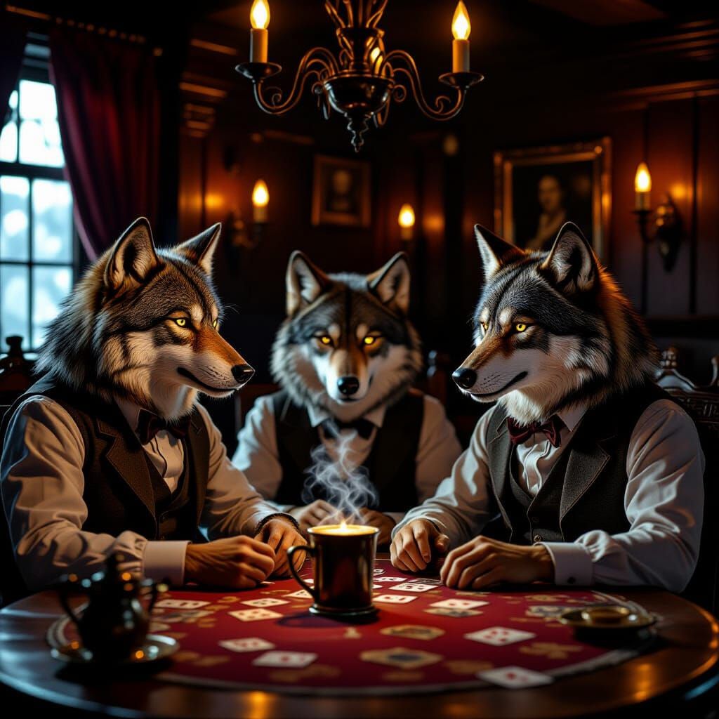 Anthropomorphic Wolves Play Cards in Candlelit Vintage Taver...