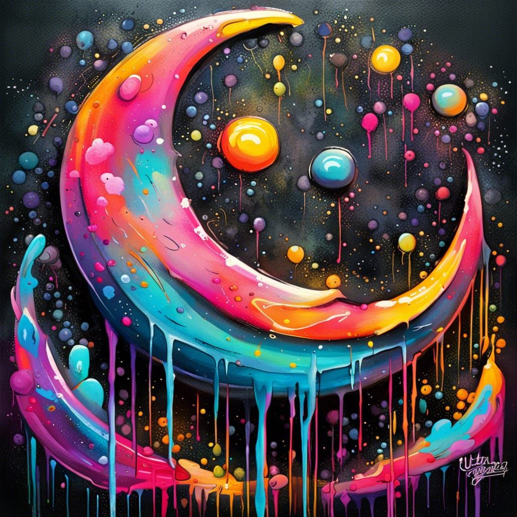 Whimsical Smiling Crescent Moon Graffiti Art