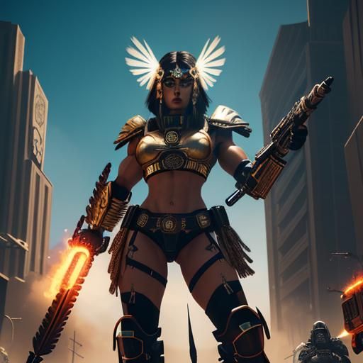 Aztec Warrior Woman with Flaming Sword in Cyberpunk Style