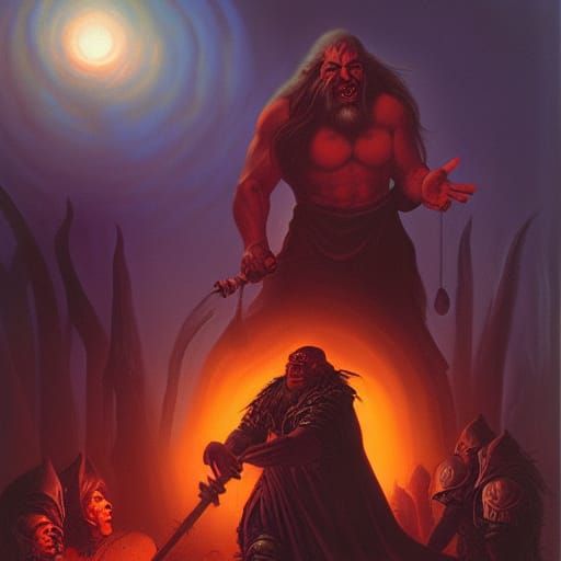Wizard Casting Spell on Orcs in Oil Painting Style