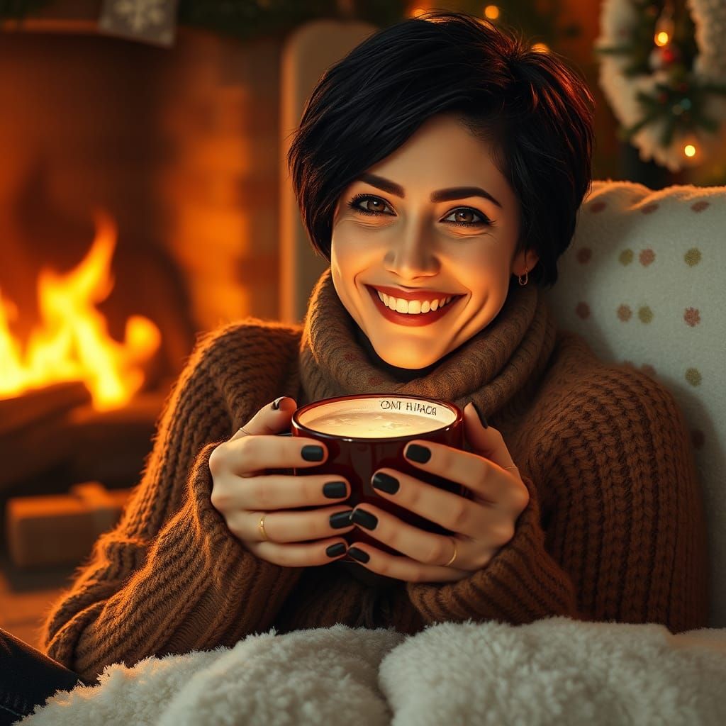 Cozy Woman by Fireplace in Oil Painting Style