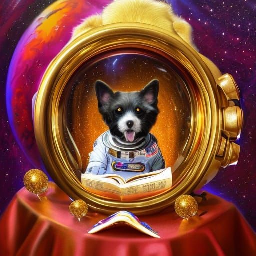 Astronaut Dog Reading Book with Gold Glitter