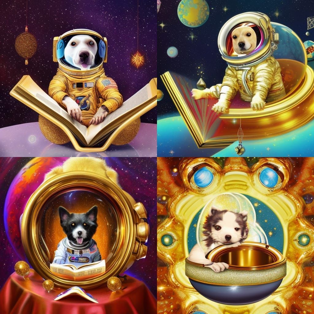 Astronaut Dog Reading Book with Gold Glitter