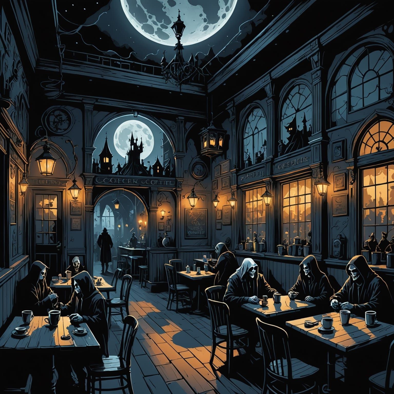 Eerie Moonlit Coffeehouse With Glowing Mugs