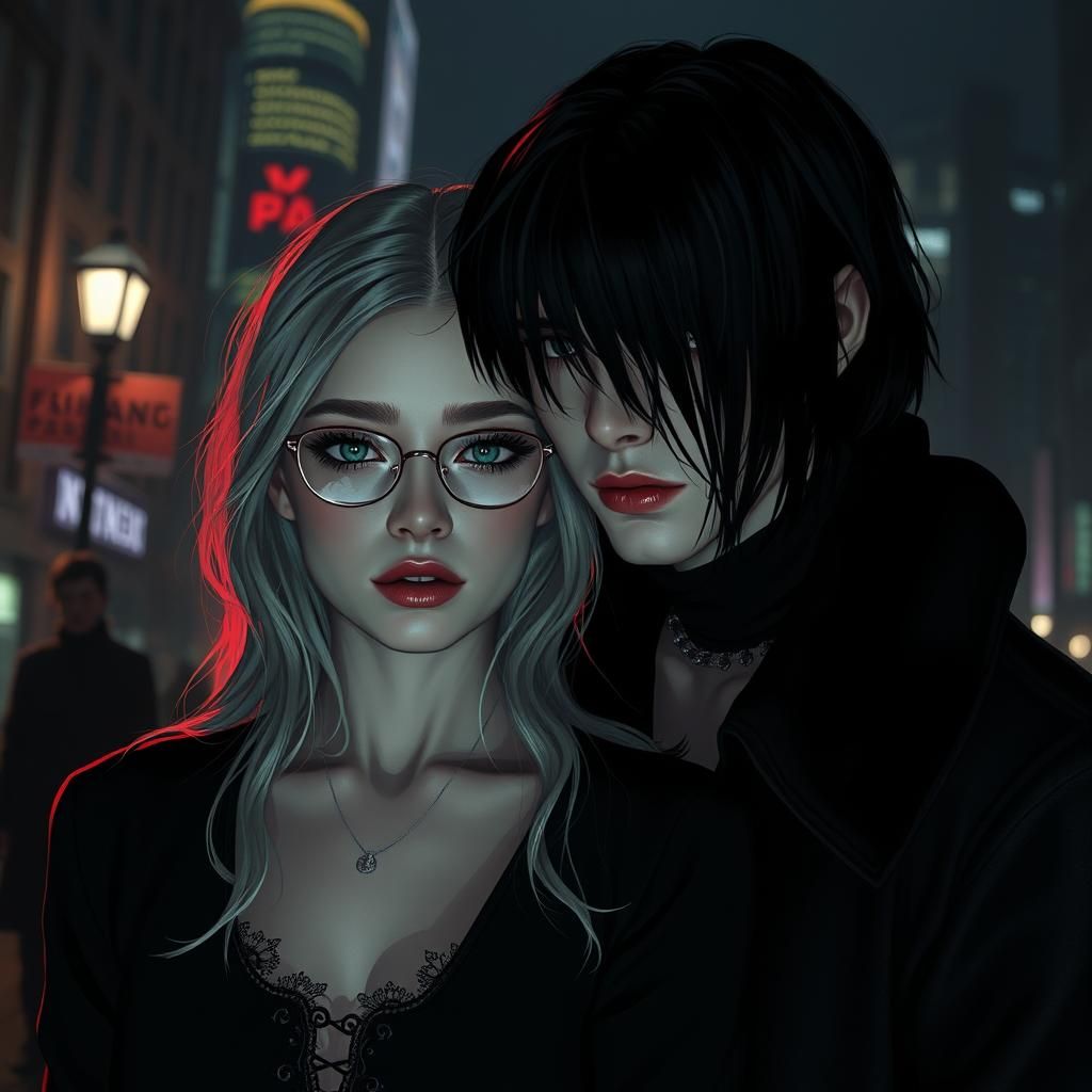 Goth Man and Blonde Woman in Cyberpunk Night