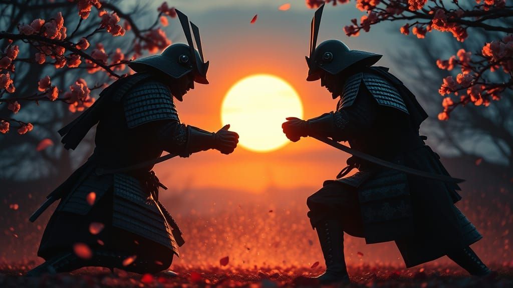 Samurai Duel at Sunset in Cinematic Style