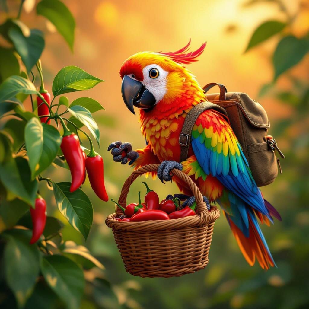 Vibrant Parrot Harvesting Chili Peppers: 3D Render