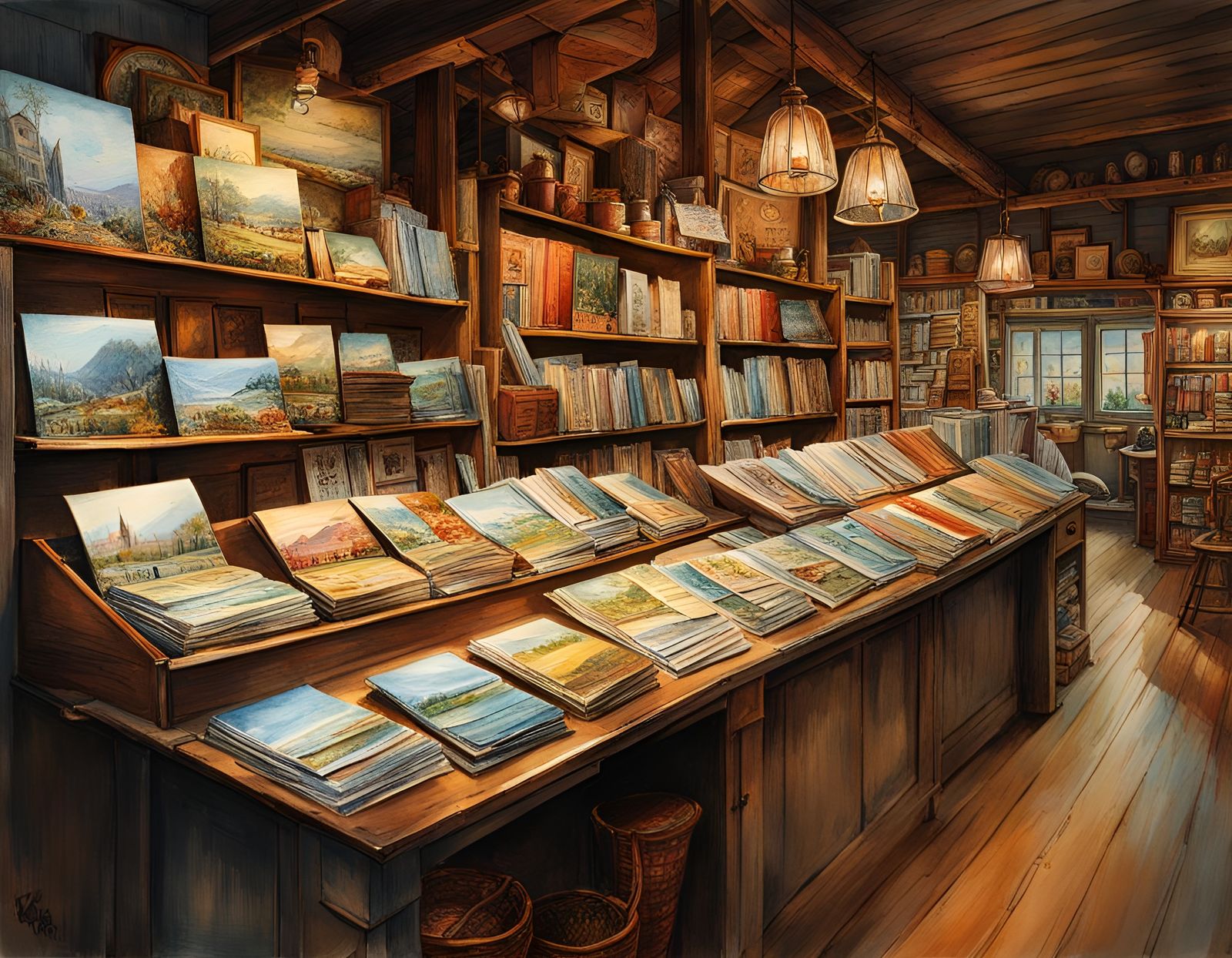 Postcard Rack in Country Store: Watercolor Style