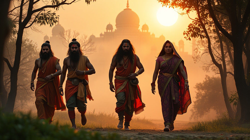 Pandavas and Draupadi in Misty Forest, Hyperrealistic Concep...