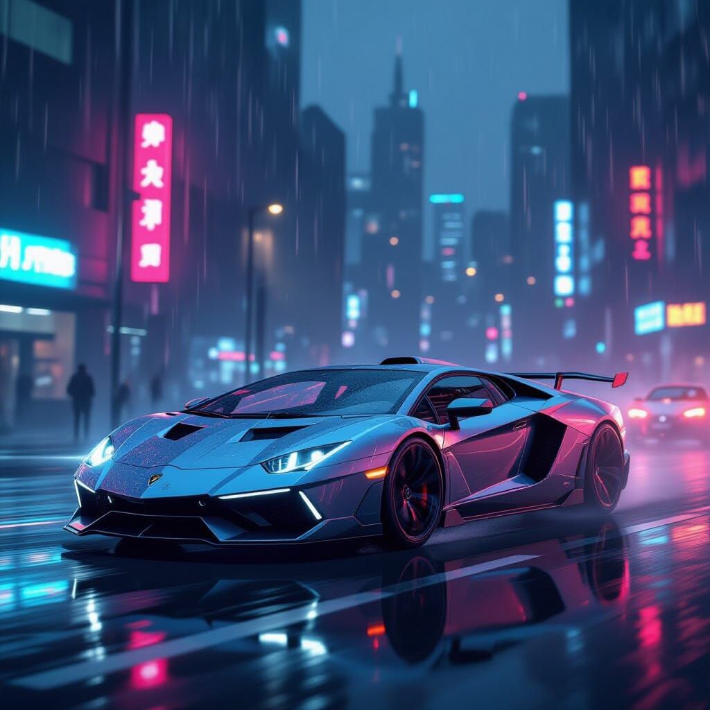 Lamborghini Revuelto in Rainy Cyberpunk Cityscape
