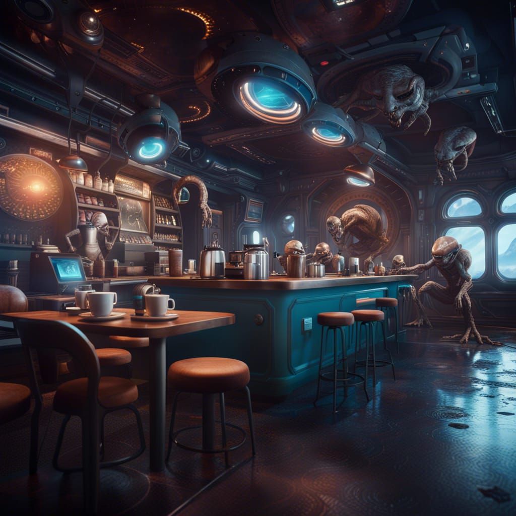 Aliens at a Space Coffee Shop: Fantasy Art