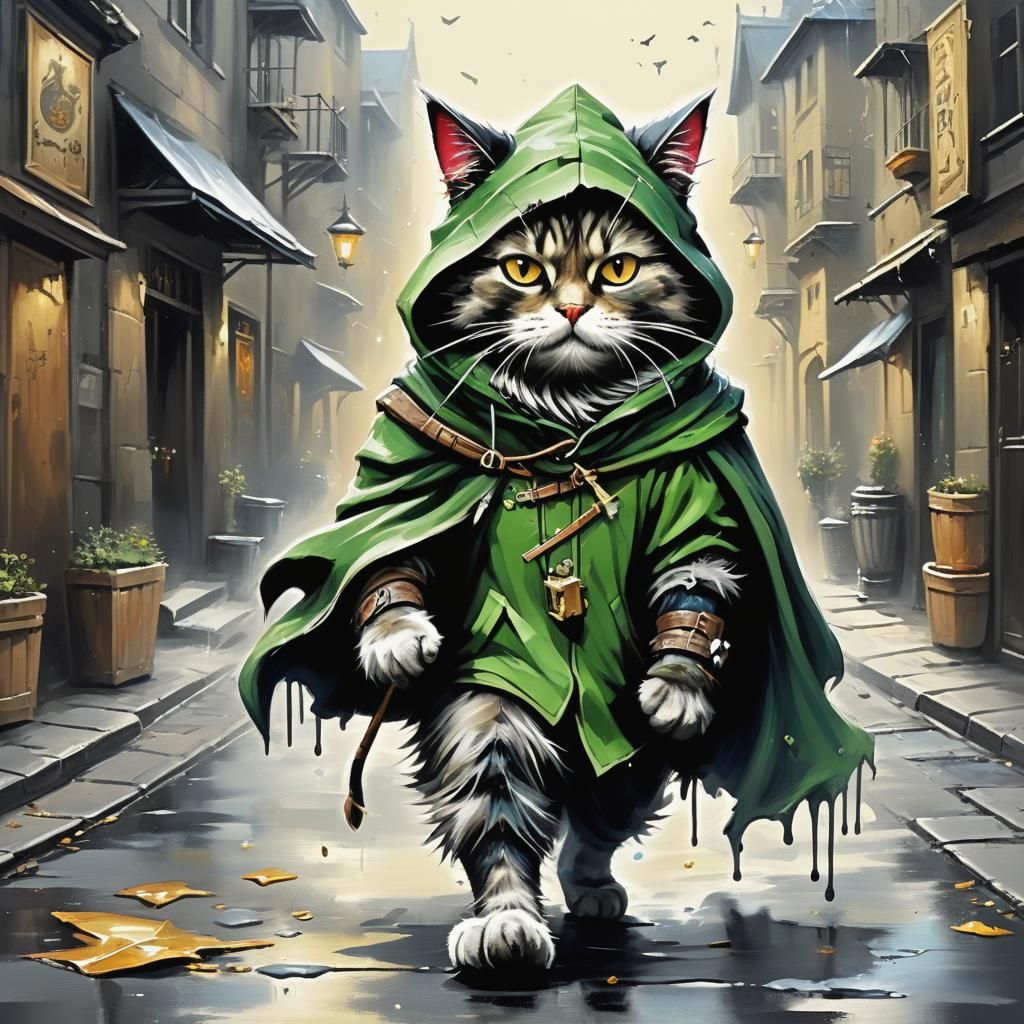Hooded Cat as Robin Hood in Oil Painting