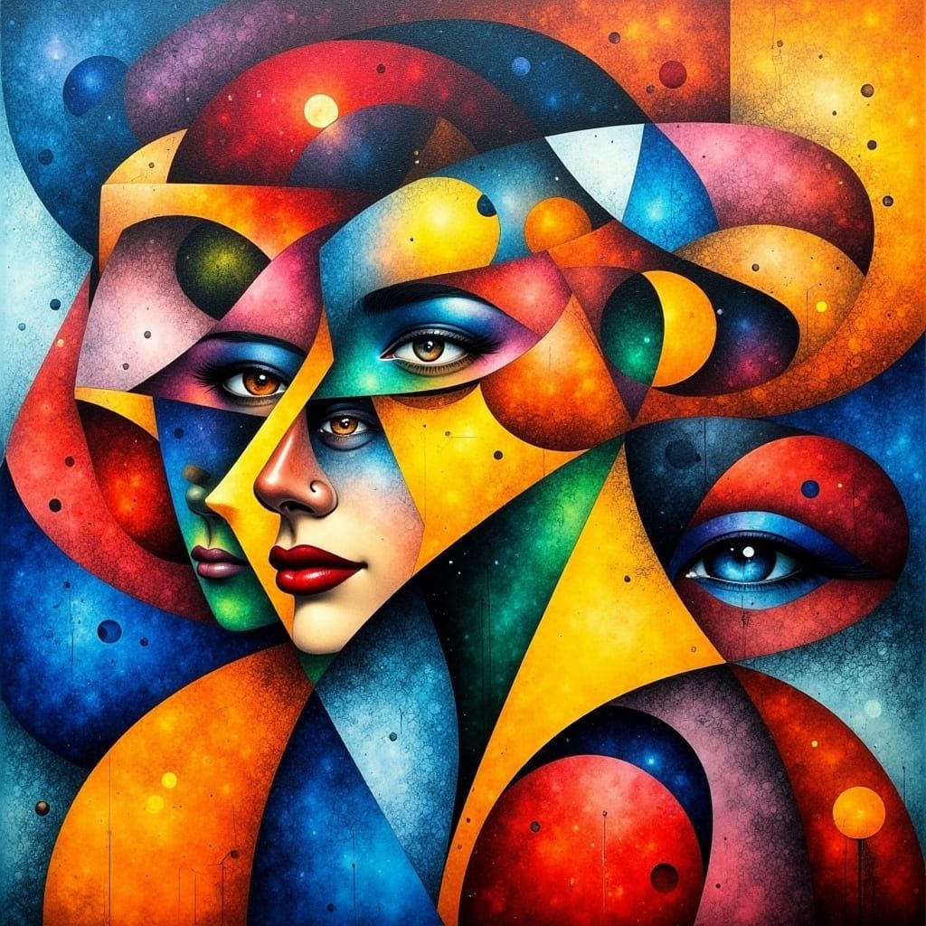 Cubist Abstract with Geometric Forms and Vibrant Colors