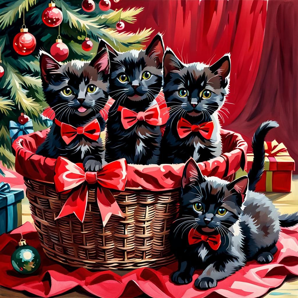 Christmas Kittens and Puppies in Gouache Style