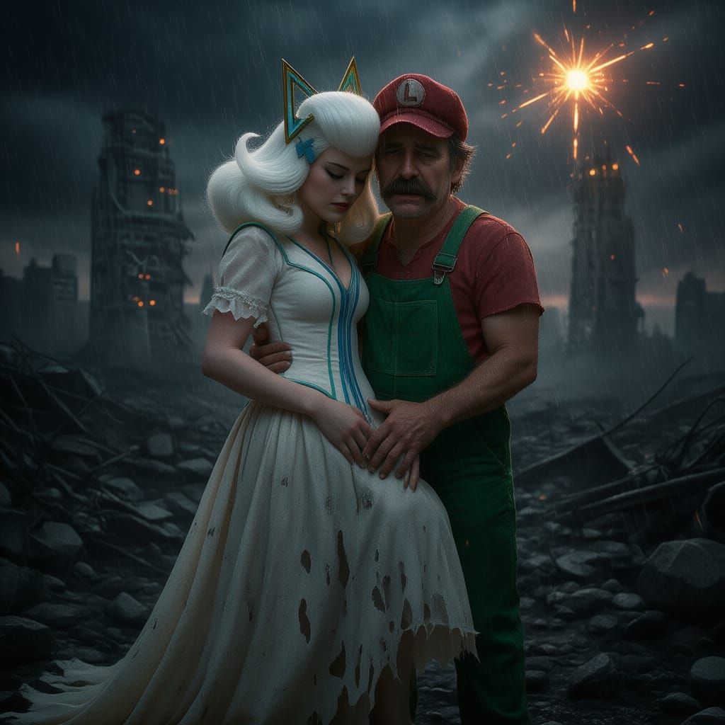 Super Realistic Photo: Luigi Hugs Pregnant Lady on Ruined Ea...