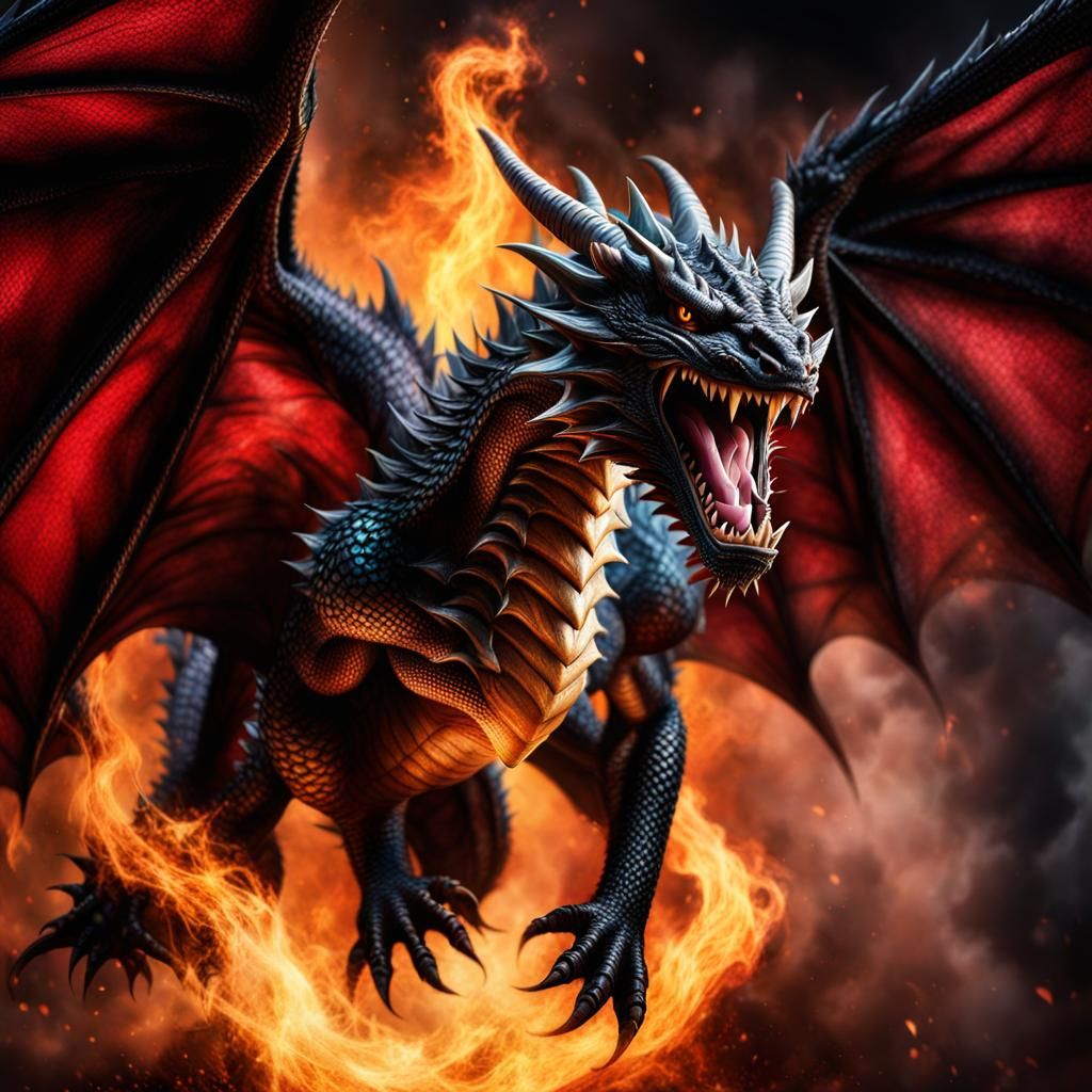 Angry Black Dragon with Open Wings in Surrealist Art