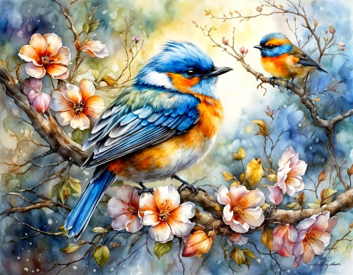 Colorful Watercolor Birds on Flowering Tree in Imperial Colo...