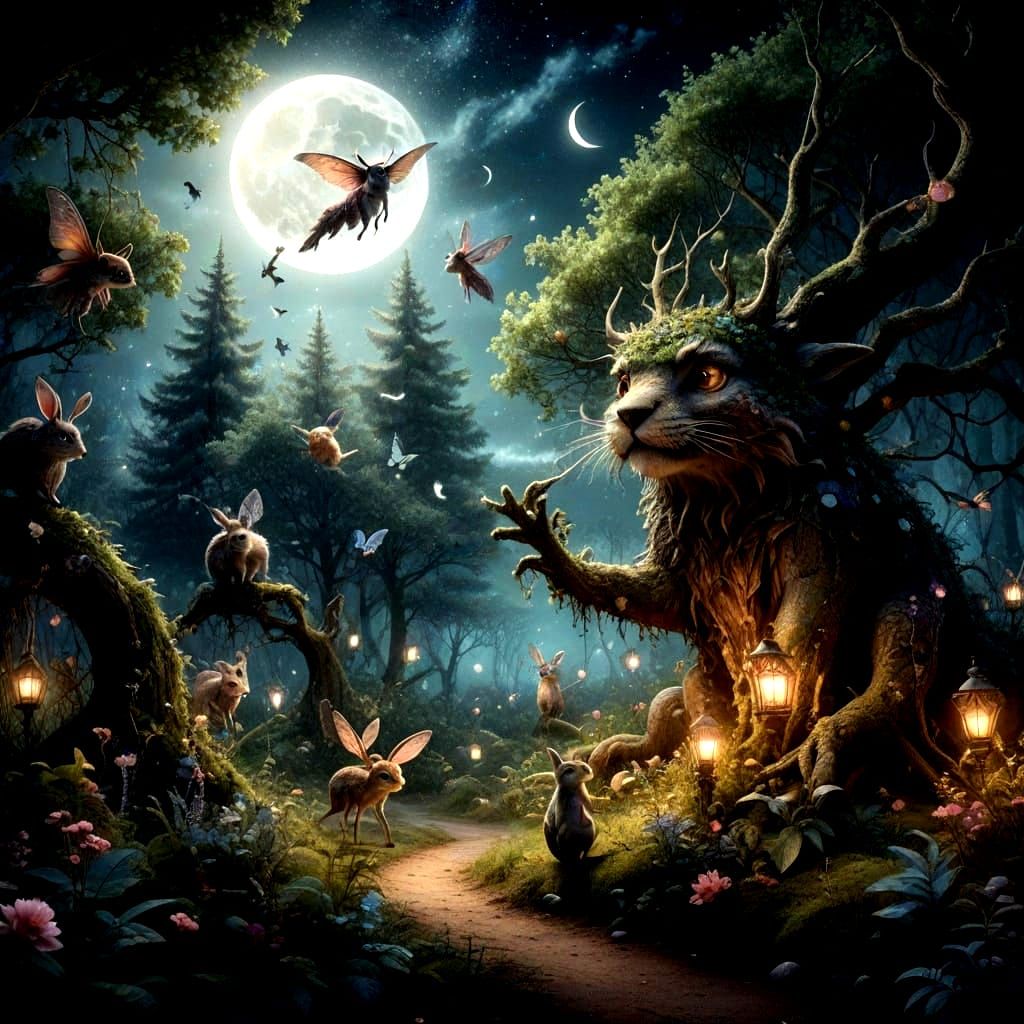 Moonlit Enchanted Forest in Whimsical Watercolor Style