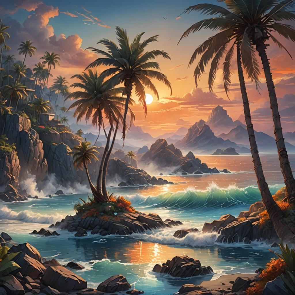 Steampunk Sunset Concept Art on Rocky Shore