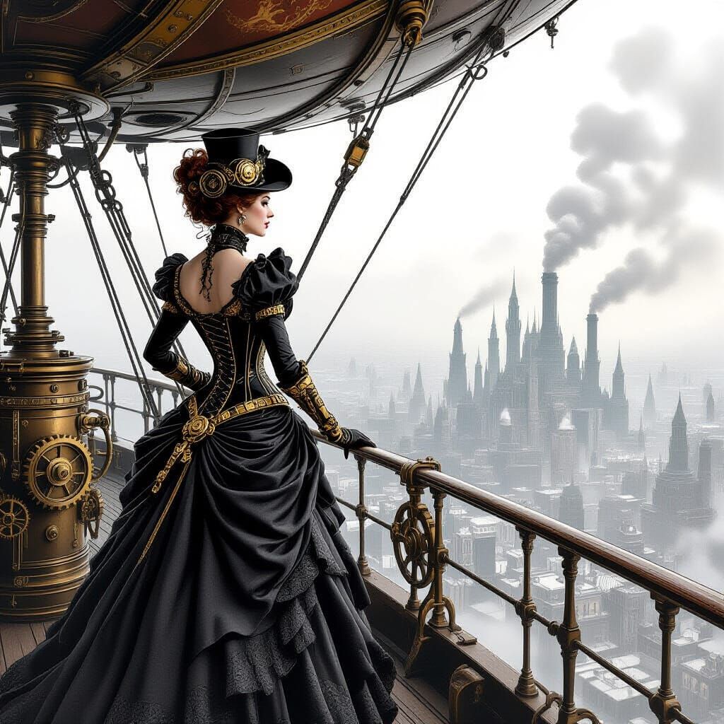 Victorian Woman on Airship in Charcoal Drawing Style