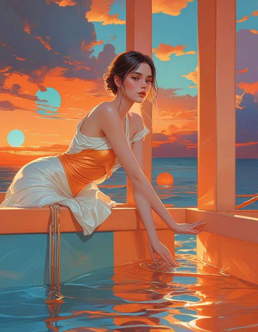 Ghost Ship Sailing Iridescent Waters at Sunset