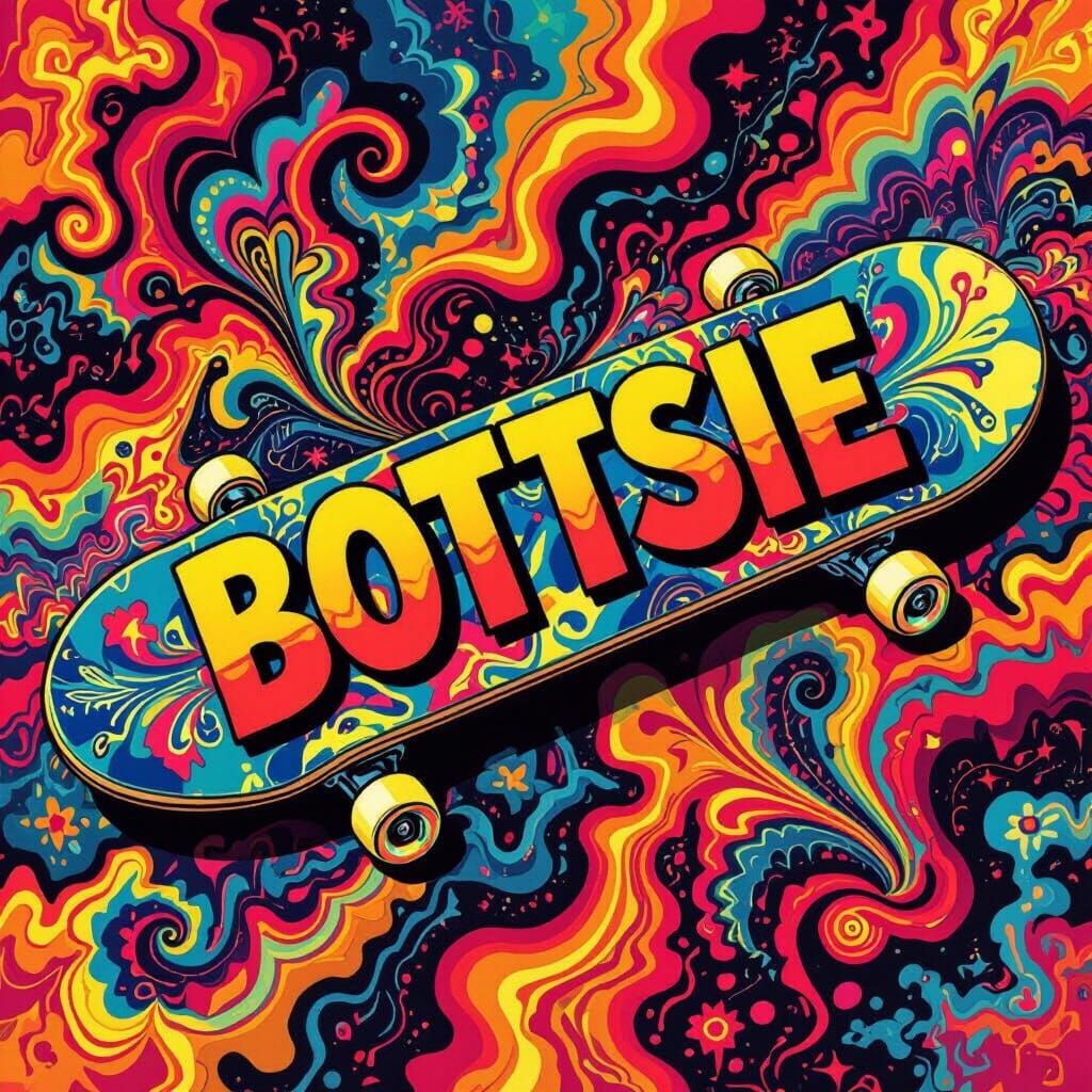 Skateboard Design with Colorful Lettering in Pop Art Style