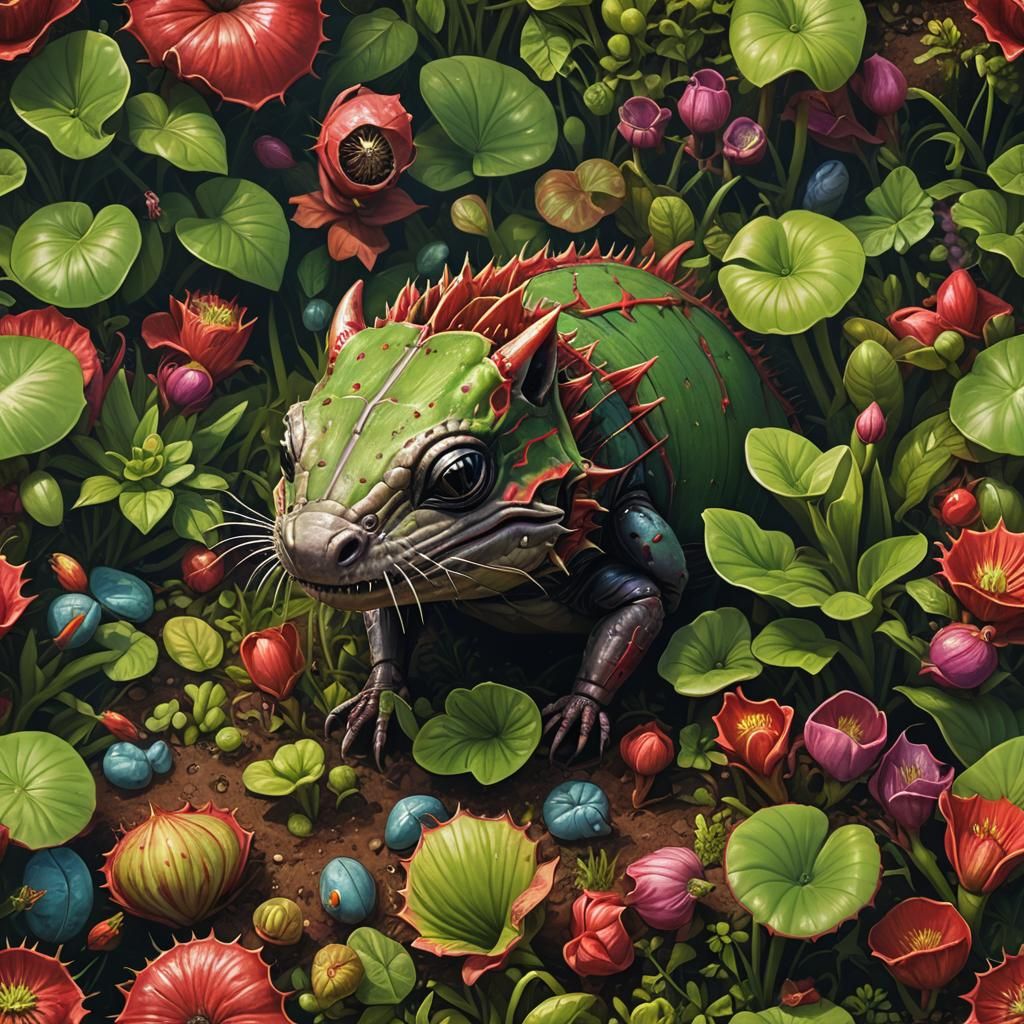 Hyperrealistic Tricerahog in Venus Flytrap Garden