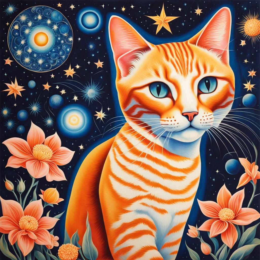 Psychedelic Cat Among Floral Planets in Art Deco Style