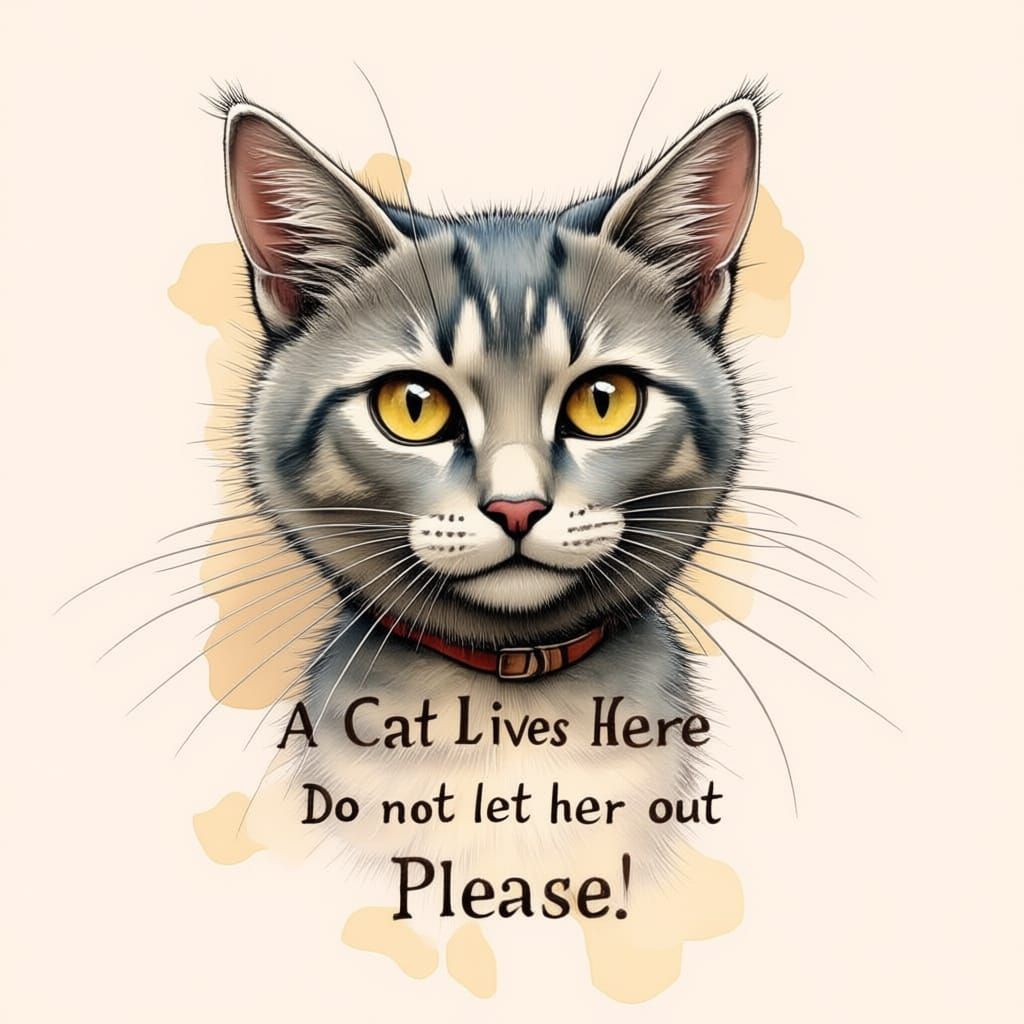 Tabby Cat on 'Caution' Door Sign