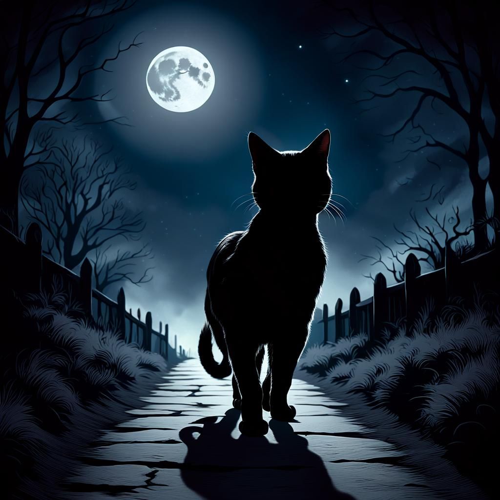 Black Cat Under Moon in Noir Film Style