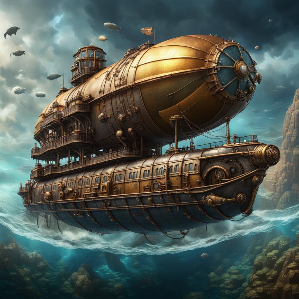 Steampunk Zeppelin Ocean Expedition in Detailed Matte Style