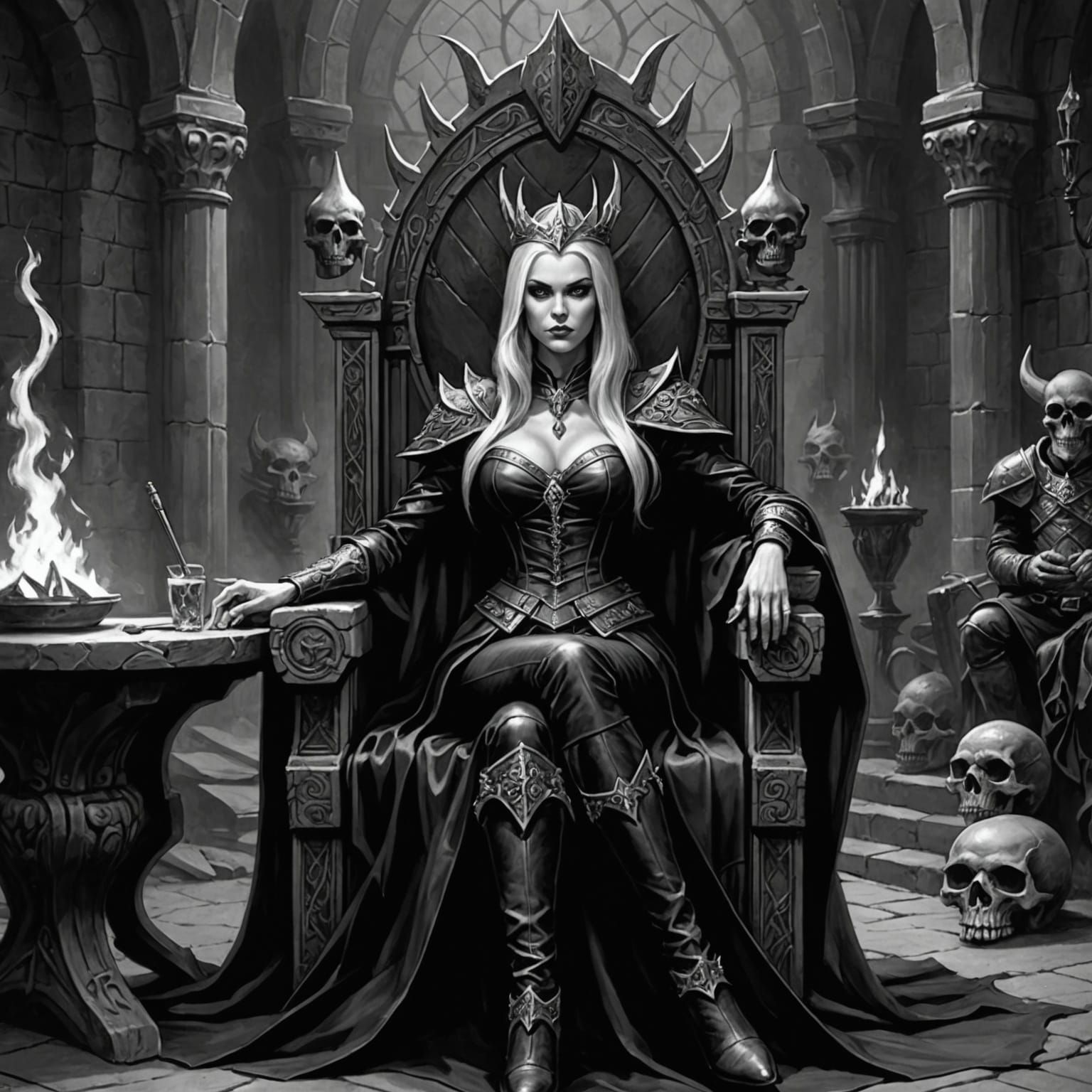 Fantasy Witch Queen on Boneskull Throne Sketch