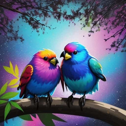 Fluffy Lovebirds in Spring Graffiti Art