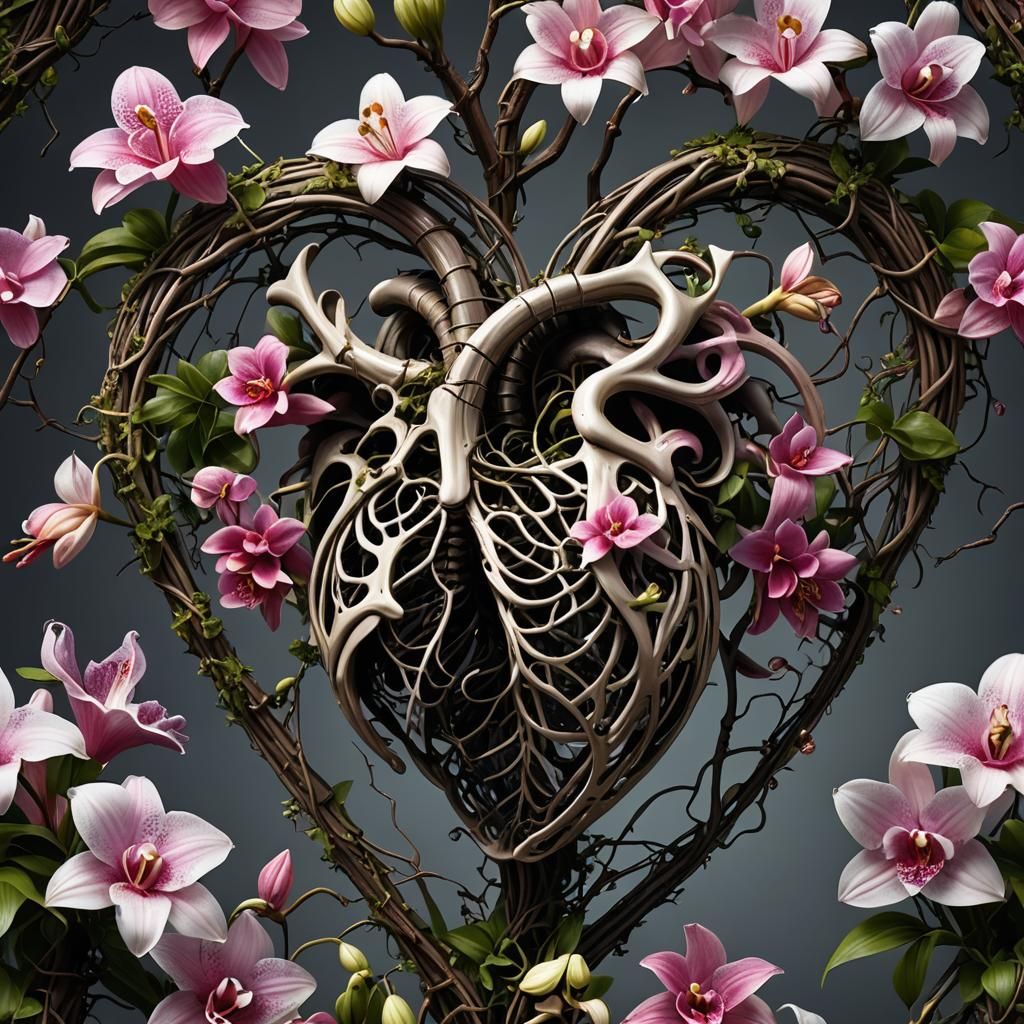 Heart Rib Cage with Cancer Ribbon and Flowers