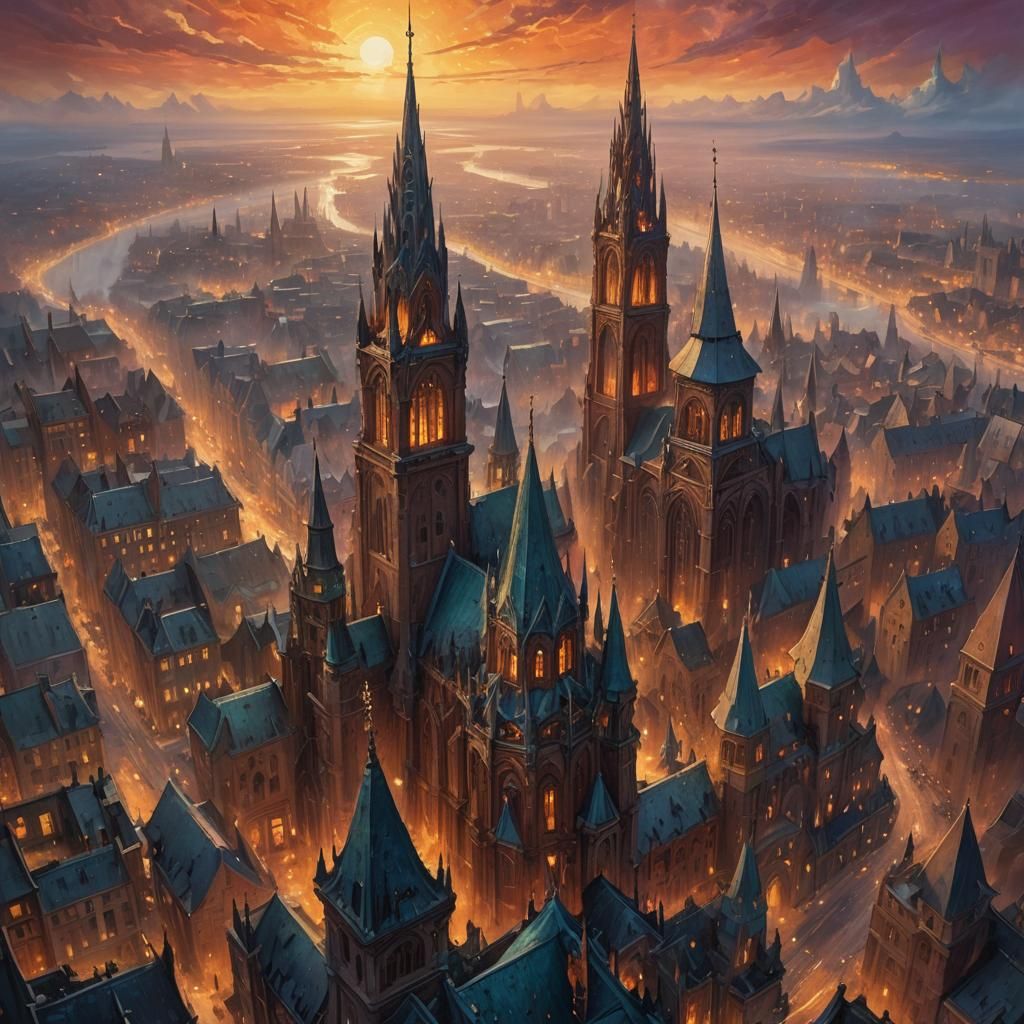 Glowing Cityscape: Fantasy Art in Impasto Style
