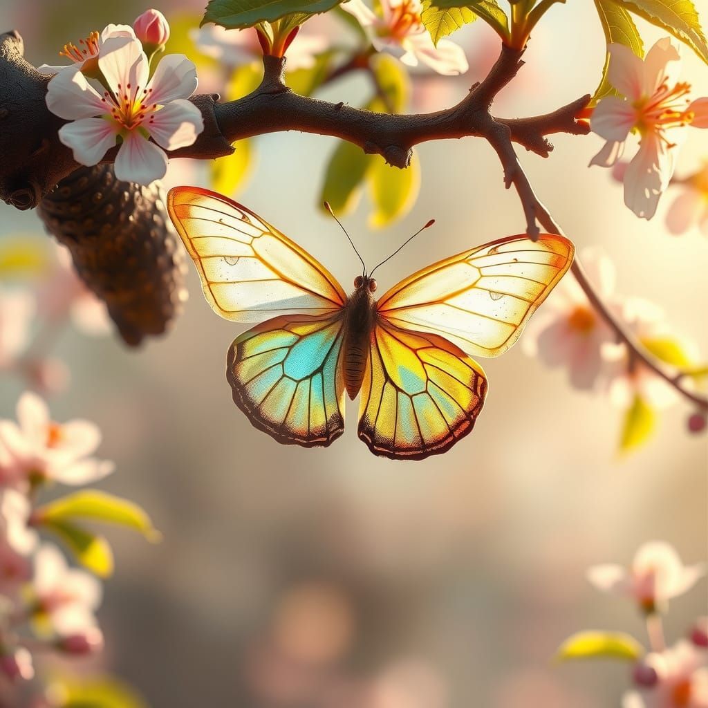 Delicate Iridescent Butterfly in Blossoming Tree