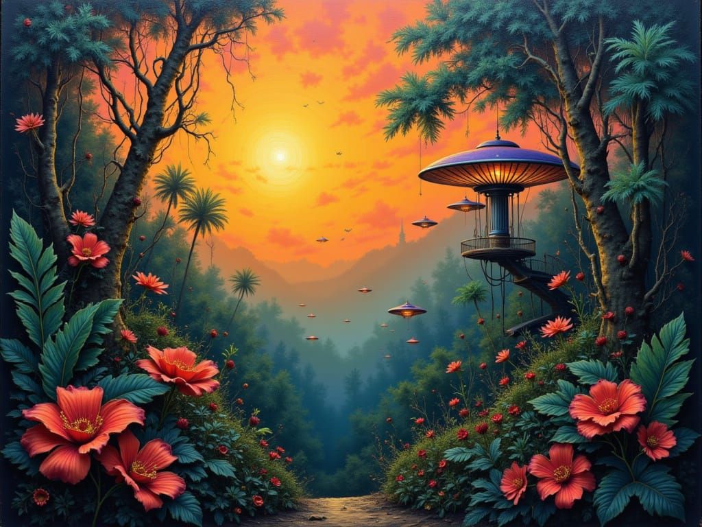 Vibrant Jungle Sundown Oil Painting with Thick Impasto