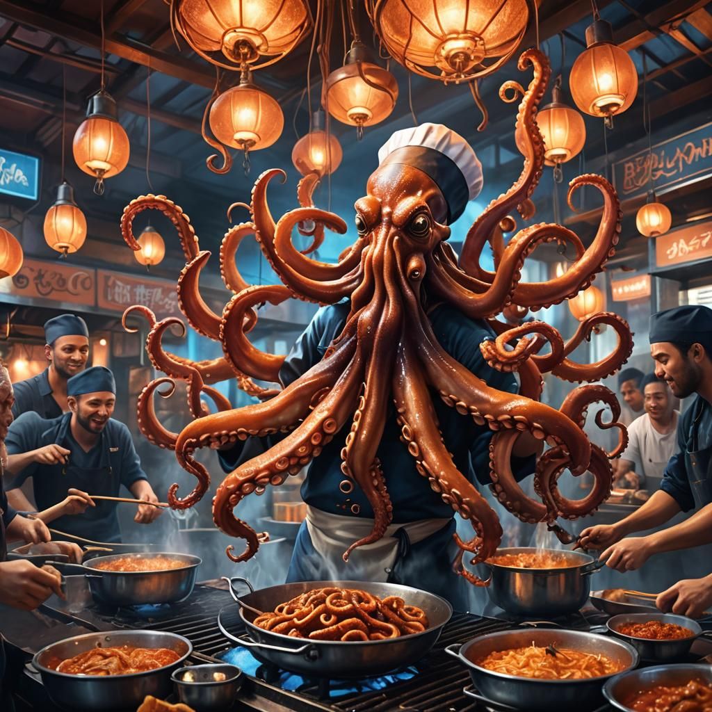 Octopus Chef Prepares Shawarma in Fantasy Street Food Stall